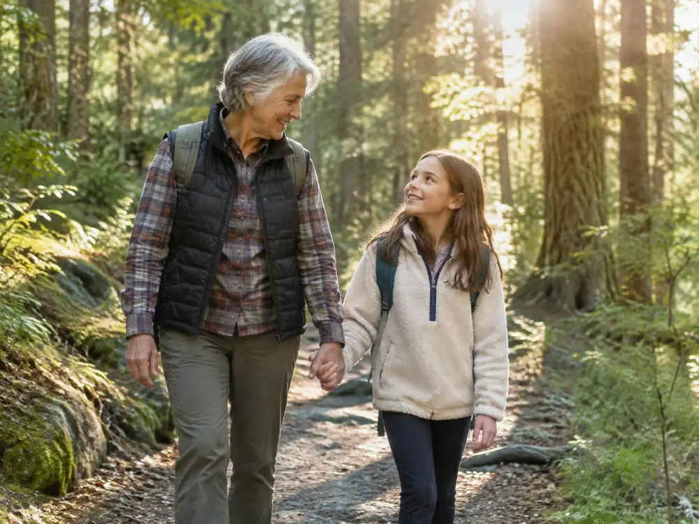 Grandparent walking with a grandchild on a forest trail