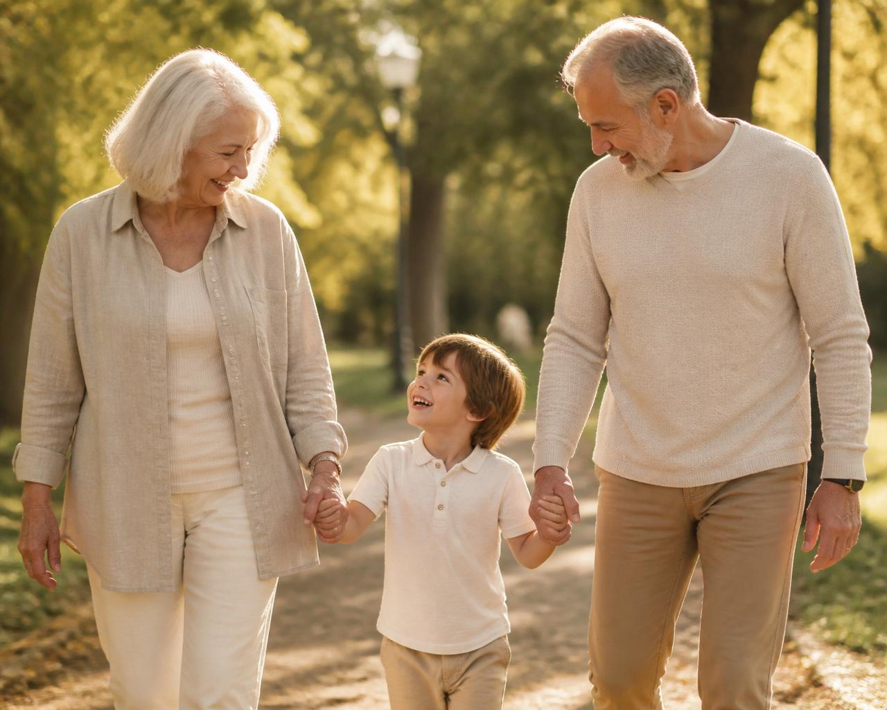 Grandparents walking with their grandchild